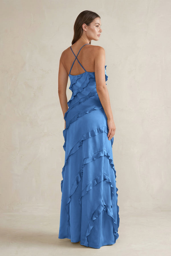 Spaghetti Straps Sheath Stain Ruffled Bridesmaid Dress in Dusty Blue - KISS BRIDAL Bridesmaid Dresses