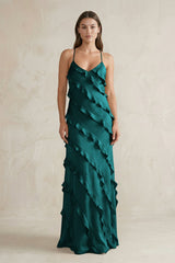 Spaghetti Straps Sheath Stain Ruffled Bridesmaid Dress in Emerald - KISS BRIDAL Bridesmaid Dresses