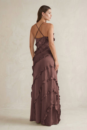 Spaghetti Straps Sheath Stain Ruffled Bridesmaid Dress in Espresso - KISS BRIDAL Bridesmaid Dresses