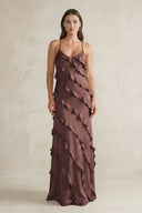 Spaghetti Straps Sheath Stain Ruffled Bridesmaid Dress in Espresso - KISS BRIDAL Bridesmaid Dresses