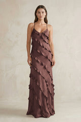 Spaghetti Straps Sheath Stain Ruffled Bridesmaid Dress in Espresso - KISS BRIDAL Bridesmaid Dresses
