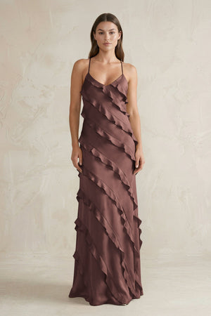 Spaghetti Straps Sheath Stain Ruffled Bridesmaid Dress in Espresso - KISS BRIDAL Bridesmaid Dresses