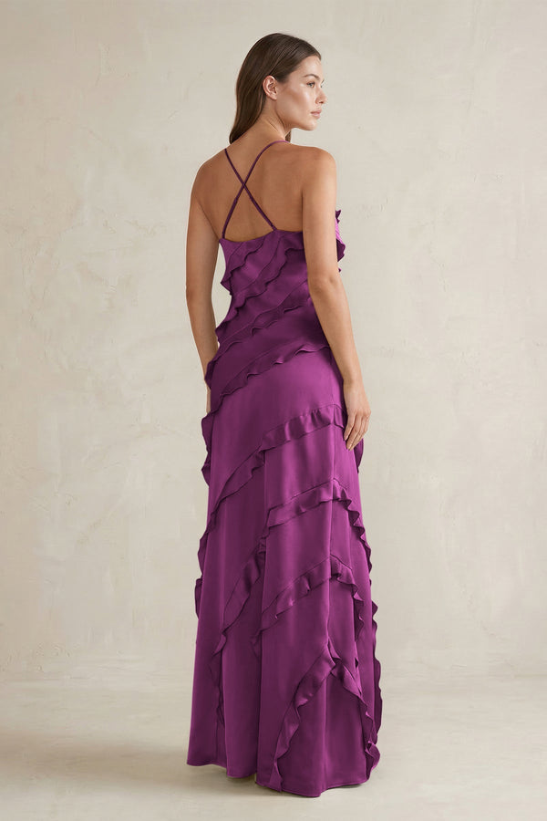 Spaghetti Straps Sheath Stain Ruffled Bridesmaid Dress in Fig - KISS BRIDAL Bridesmaid Dresses