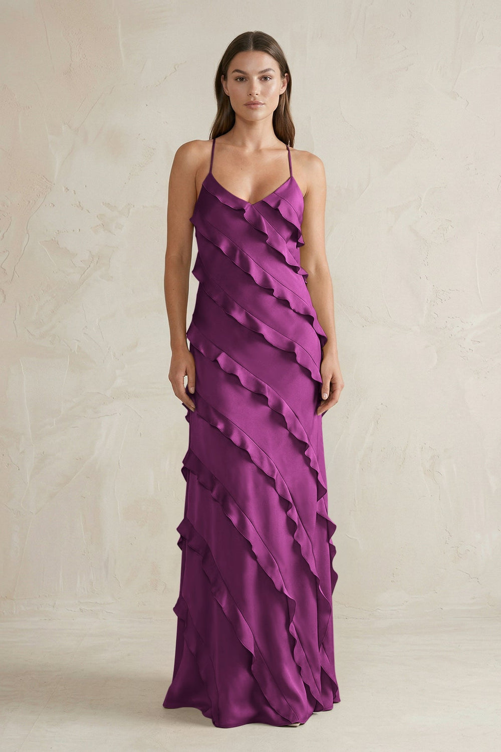 Spaghetti Straps Sheath Stain Ruffled Bridesmaid Dress in Fig - KISS BRIDAL Bridesmaid Dresses
