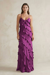 Spaghetti Straps Sheath Stain Ruffled Bridesmaid Dress in Fig - KISS BRIDAL Bridesmaid Dresses