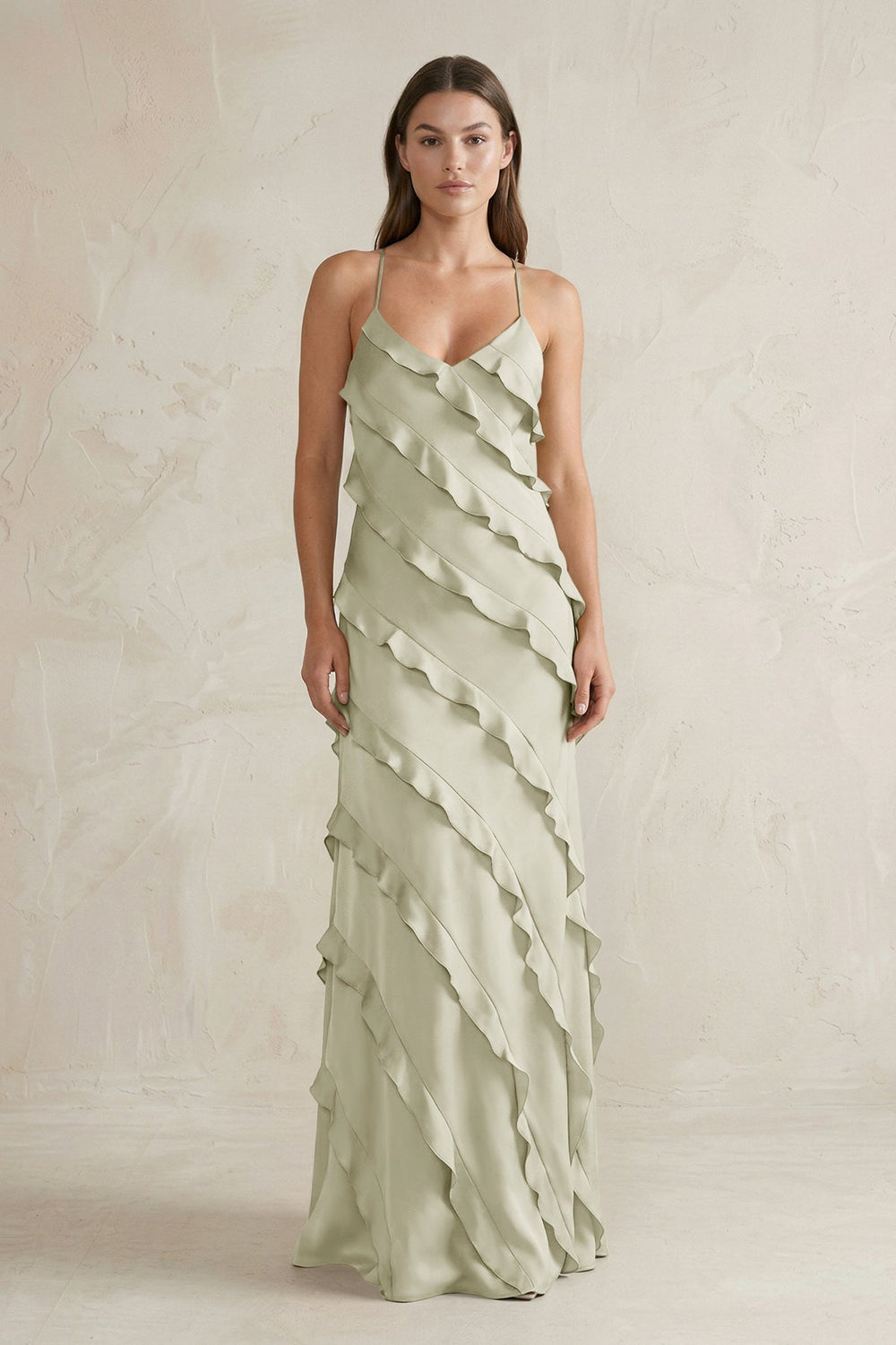 Spaghetti Straps Sheath Stain Ruffled Bridesmaid Dress in Frost - KISS BRIDAL Bridesmaid Dresses