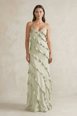 Spaghetti Straps Sheath Stain Ruffled Bridesmaid Dress in Frost - KISS BRIDAL Bridesmaid Dresses