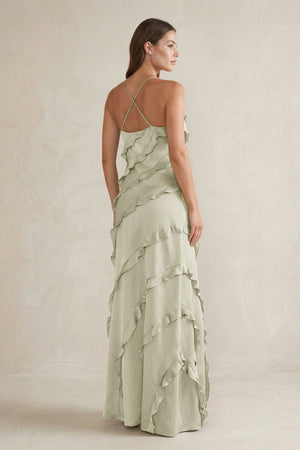Spaghetti Straps Sheath Stain Ruffled Bridesmaid Dress in Frost - KISS BRIDAL Bridesmaid Dresses