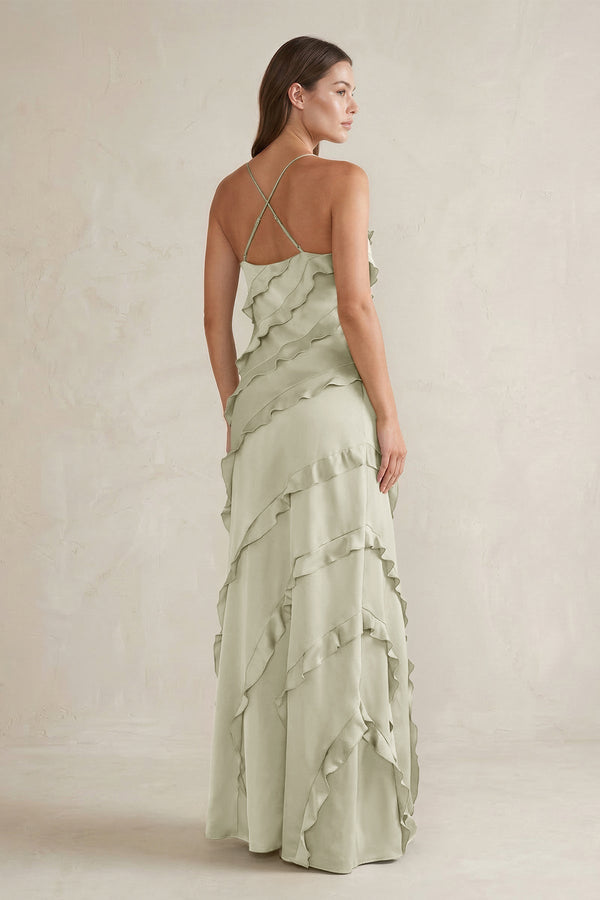 Spaghetti Straps Sheath Stain Ruffled Bridesmaid Dress in Frost - KISS BRIDAL Bridesmaid Dresses