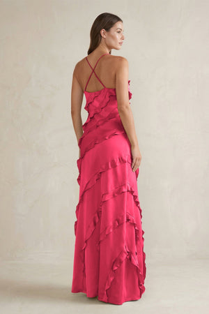 Spaghetti Straps Sheath Stain Ruffled Bridesmaid Dress in Fuchsia - KISS BRIDAL Bridesmaid Dresses