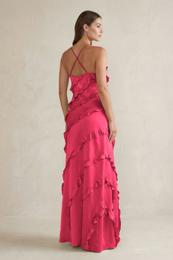Spaghetti Straps Sheath Stain Ruffled Bridesmaid Dress in Fuchsia - KISS BRIDAL Bridesmaid Dresses