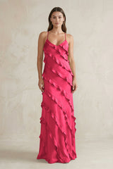 Spaghetti Straps Sheath Stain Ruffled Bridesmaid Dress in Fuchsia - KISS BRIDAL Bridesmaid Dresses