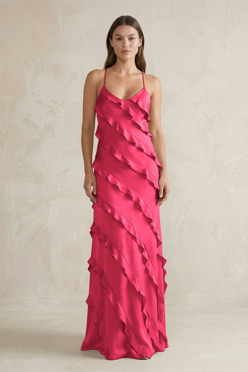 Spaghetti Straps Sheath Stain Ruffled Bridesmaid Dress in Fuchsia - KISS BRIDAL Bridesmaid Dresses