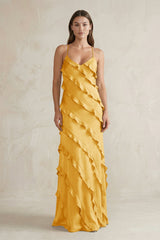 Spaghetti Straps Sheath Stain Ruffled Bridesmaid Dress in Gold - KISS BRIDAL Bridesmaid Dresses