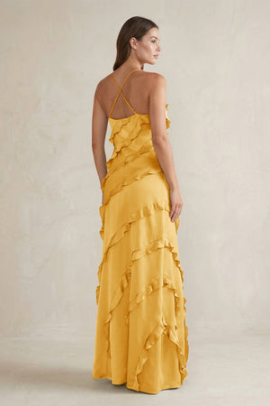 Spaghetti Straps Sheath Stain Ruffled Bridesmaid Dress in Gold - KISS BRIDAL Bridesmaid Dresses