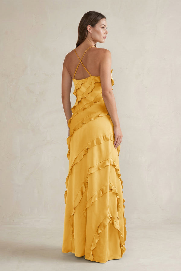 Spaghetti Straps Sheath Stain Ruffled Bridesmaid Dress in Gold - KISS BRIDAL Bridesmaid Dresses