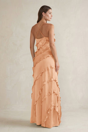 Spaghetti Straps Sheath Stain Ruffled Bridesmaid Dress in Golden Champagne - KISS BRIDAL Bridesmaid Dresses