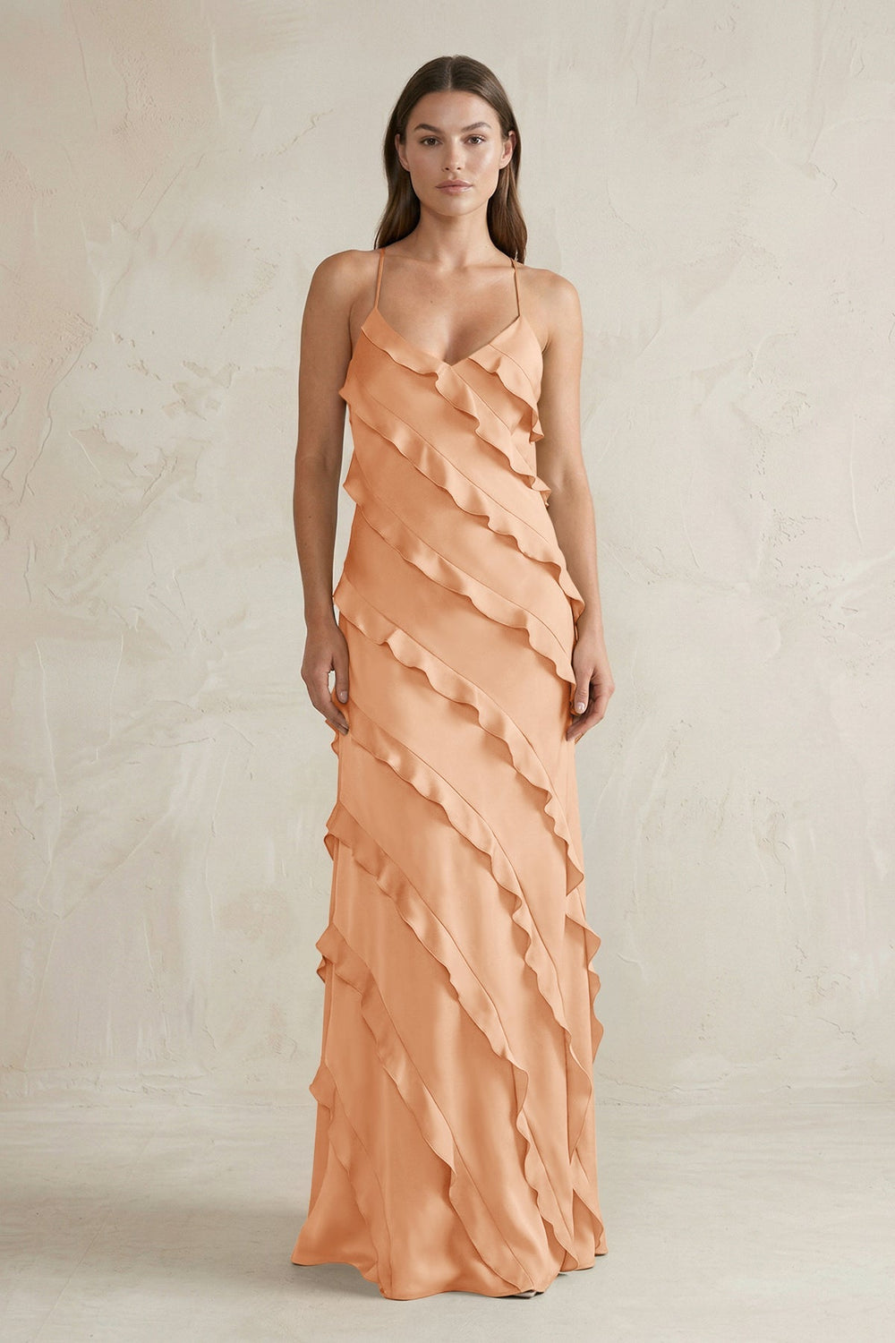 Spaghetti Straps Sheath Stain Ruffled Bridesmaid Dress in Golden Champagne - KISS BRIDAL Bridesmaid Dresses