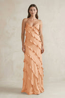 Spaghetti Straps Sheath Stain Ruffled Bridesmaid Dress in Golden Champagne - KISS BRIDAL Bridesmaid Dresses