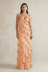 Spaghetti Straps Sheath Stain Ruffled Bridesmaid Dress in Golden Champagne - KISS BRIDAL Bridesmaid Dresses