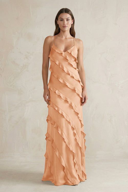 Spaghetti Straps Sheath Stain Ruffled Bridesmaid Dress in Golden Champagne - KISS BRIDAL Bridesmaid Dresses