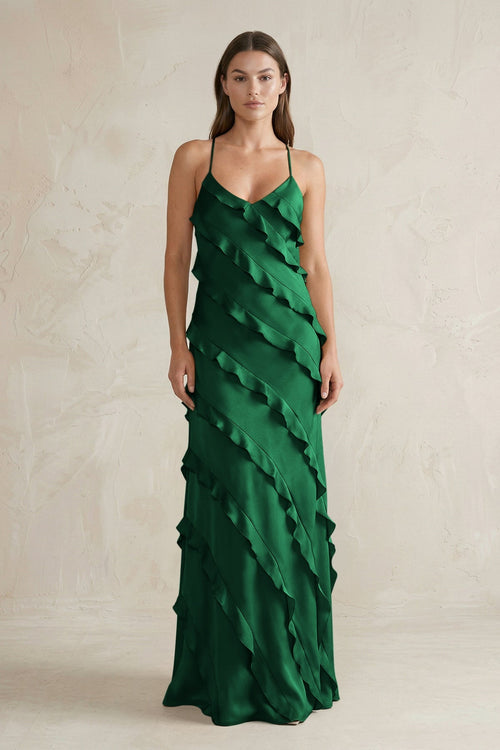 Spaghetti Straps Sheath Stain Ruffled Bridesmaid Dress in Green - KISS BRIDAL Bridesmaid Dresses