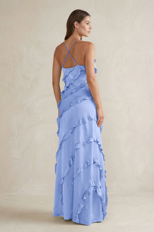 Spaghetti Straps Sheath Stain Ruffled Bridesmaid Dress in Ice - KISS BRIDAL Bridesmaid Dresses