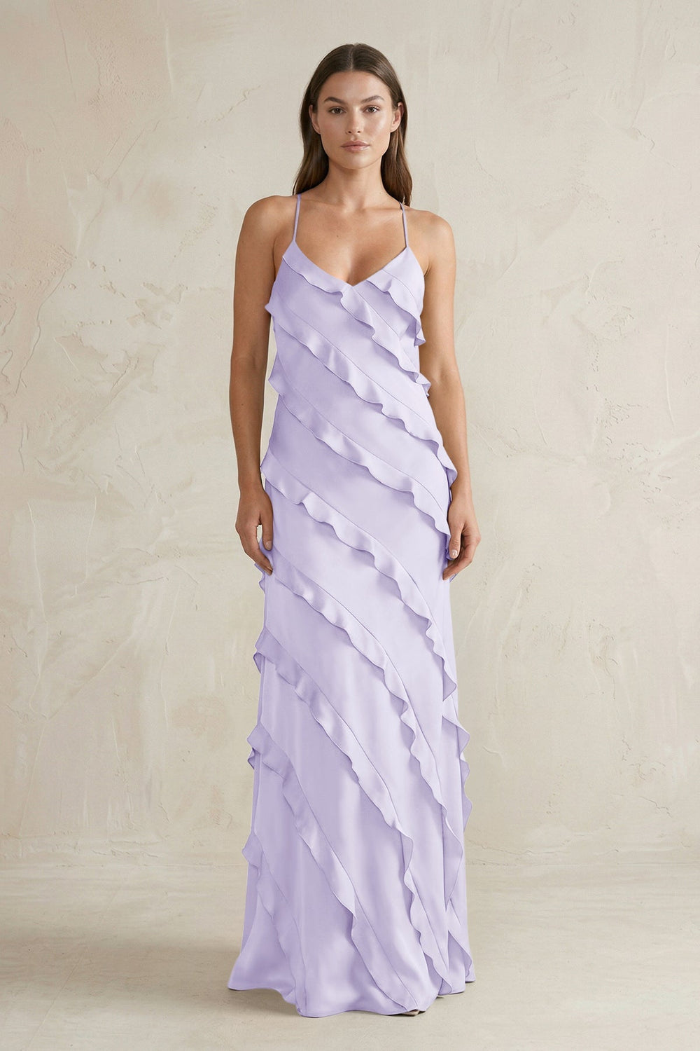Spaghetti Straps Sheath Stain Ruffled Bridesmaid Dress in Lavender - KISS BRIDAL Bridesmaid Dresses