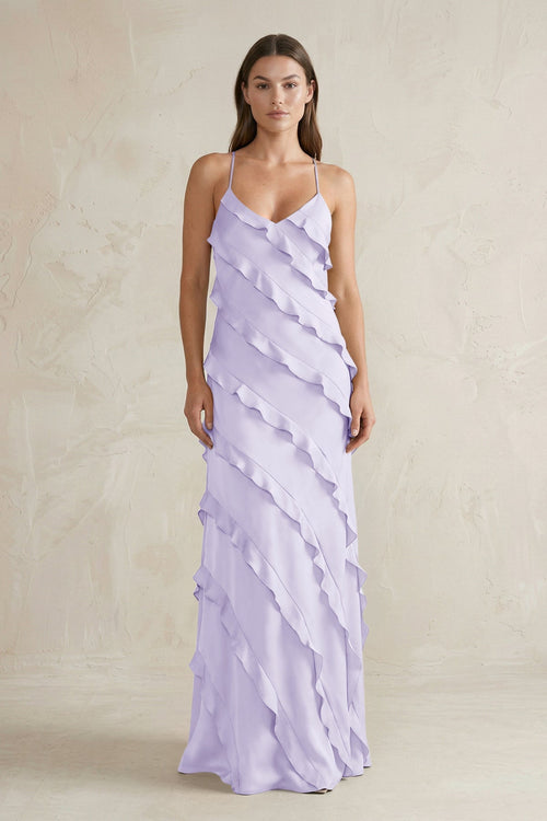 Spaghetti Straps Sheath Stain Ruffled Bridesmaid Dress in Lavender - KISS BRIDAL Bridesmaid Dresses