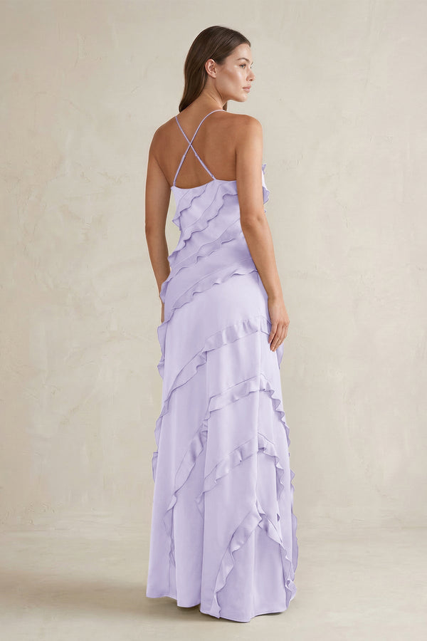 Spaghetti Straps Sheath Stain Ruffled Bridesmaid Dress in Lavender - KISS BRIDAL Bridesmaid Dresses