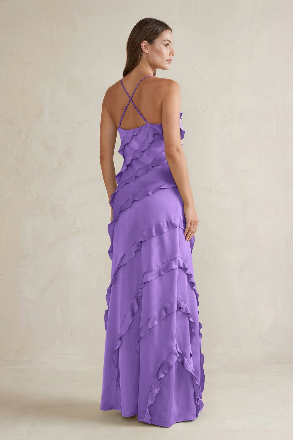 Spaghetti Straps Sheath Stain Ruffled Bridesmaid Dress in Lilac - KISS BRIDAL Bridesmaid Dresses