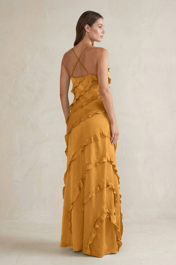 Spaghetti Straps Sheath Stain Ruffled Bridesmaid Dress in Marigold - KISS BRIDAL Bridesmaid Dresses