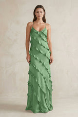 Spaghetti Straps Sheath Stain Ruffled Bridesmaid Dress in Matcha - KISS BRIDAL Bridesmaid Dresses