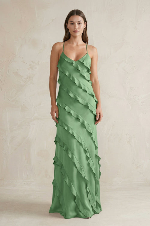 Spaghetti Straps Sheath Stain Ruffled Bridesmaid Dress in Matcha - KISS BRIDAL Bridesmaid Dresses