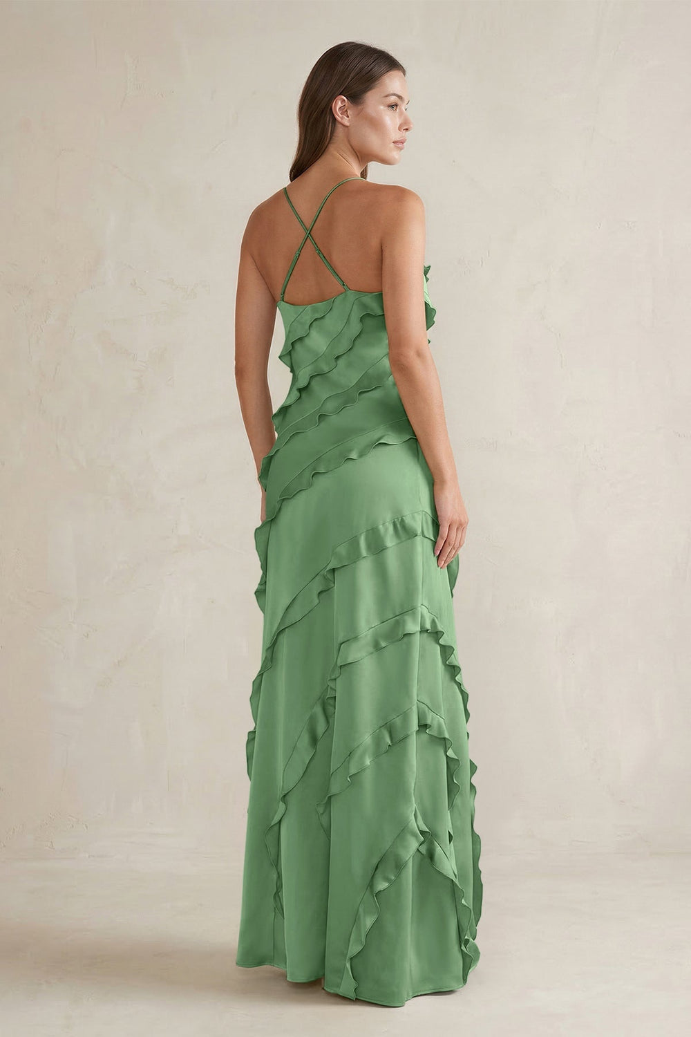 Spaghetti Straps Sheath Stain Ruffled Bridesmaid Dress in Matcha - KISS BRIDAL Bridesmaid Dresses