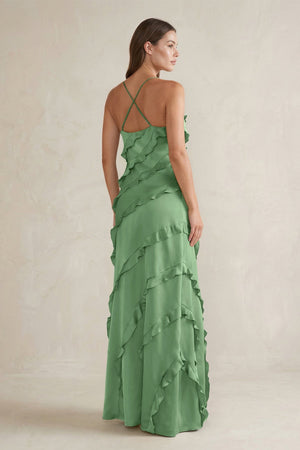 Spaghetti Straps Sheath Stain Ruffled Bridesmaid Dress in Matcha - KISS BRIDAL Bridesmaid Dresses