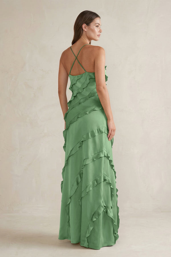 Spaghetti Straps Sheath Stain Ruffled Bridesmaid Dress in Matcha - KISS BRIDAL Bridesmaid Dresses
