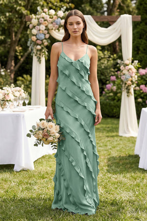 Spaghetti Straps Sheath Stain Ruffled Bridesmaid Dress in Mint Green - KISS BRIDAL Bridesmaid Dresses