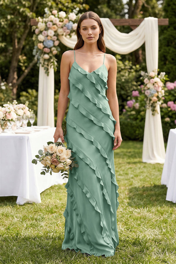 Spaghetti Straps Sheath Stain Ruffled Bridesmaid Dress in Mint Green - KISS BRIDAL Bridesmaid Dresses
