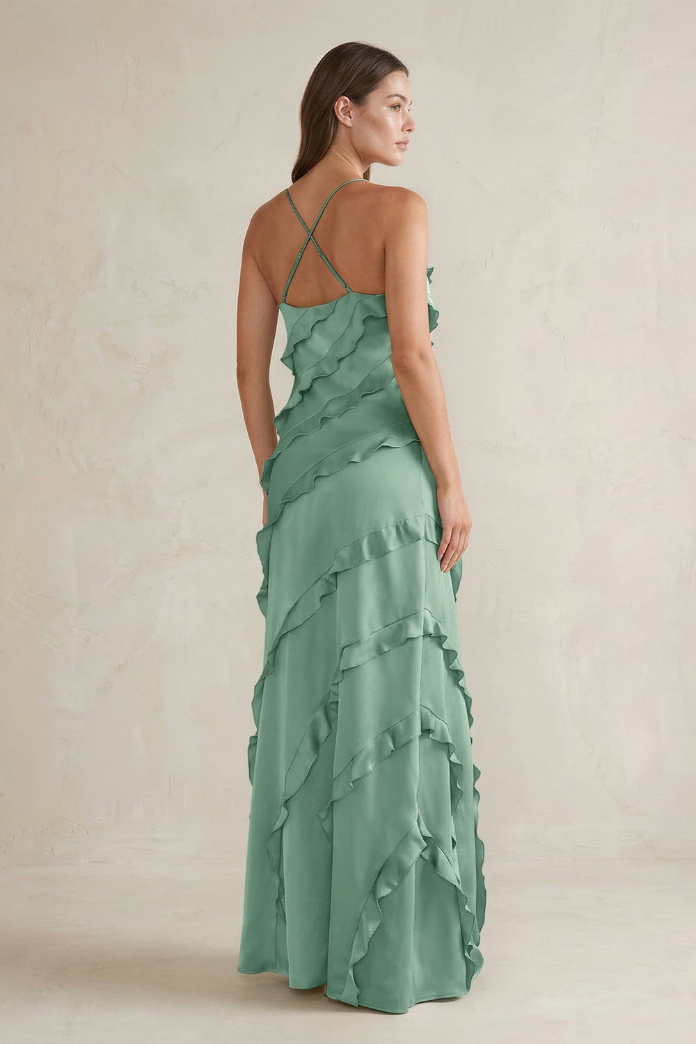 Spaghetti Straps Sheath Stain Ruffled Bridesmaid Dress in Mint Green - KISS BRIDAL Bridesmaid Dresses