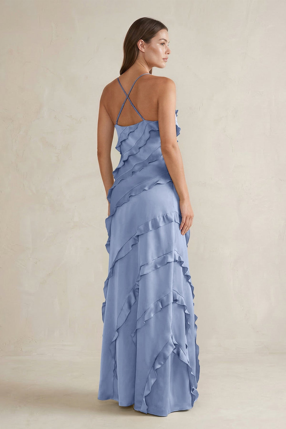 Spaghetti Straps Sheath Stain Ruffled Bridesmaid Dress in Mist - KISS BRIDAL Bridesmaid Dresses