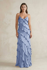Spaghetti Straps Sheath Stain Ruffled Bridesmaid Dress in Mist - KISS BRIDAL Bridesmaid Dresses