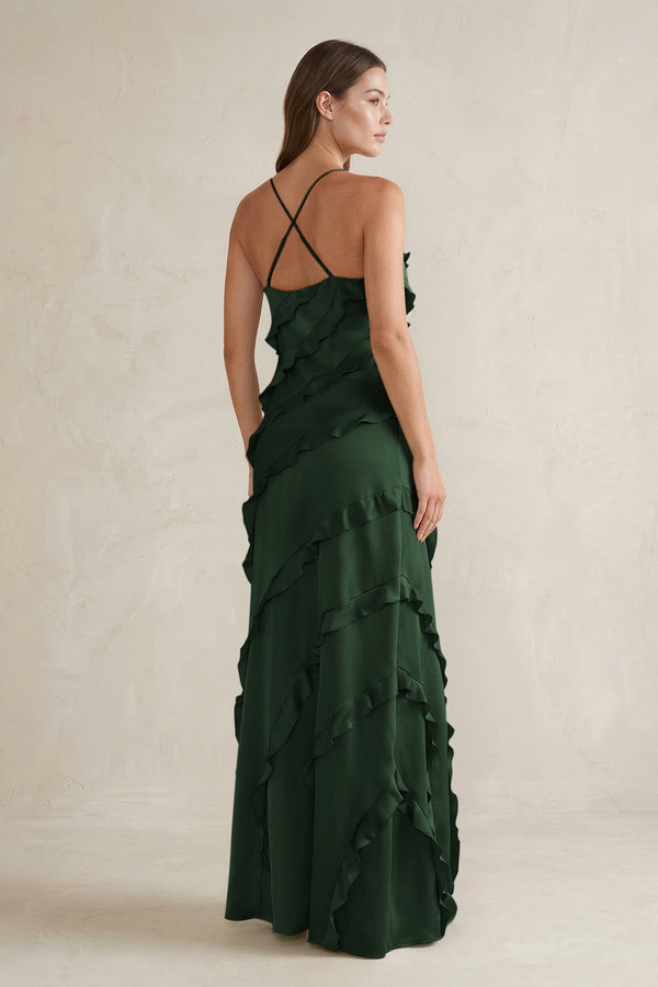 Spaghetti Straps Sheath Stain Ruffled Bridesmaid Dress in Moss - KISS BRIDAL Bridesmaid Dresses