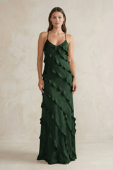 Spaghetti Straps Sheath Stain Ruffled Bridesmaid Dress in Moss - KISS BRIDAL Bridesmaid Dresses