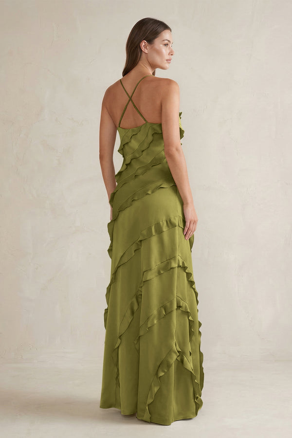 Spaghetti Straps Sheath Stain Ruffled Bridesmaid Dress in Moss Green - KISS BRIDAL Bridesmaid Dresses