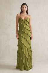 Spaghetti Straps Sheath Stain Ruffled Bridesmaid Dress in Moss Green - KISS BRIDAL Bridesmaid Dresses