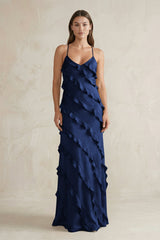 Spaghetti Straps Sheath Stain Ruffled Bridesmaid Dress in Navy - KISS BRIDAL Bridesmaid Dresses