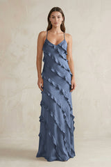 Spaghetti Straps Sheath Stain Ruffled Bridesmaid Dress in Neptune - KISS BRIDAL Bridesmaid Dresses