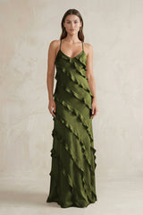 Spaghetti Straps Sheath Stain Ruffled Bridesmaid Dress in Olive - KISS BRIDAL Bridesmaid Dresses
