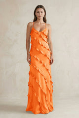 Spaghetti Straps Sheath Stain Ruffled Bridesmaid Dress in Orange - KISS BRIDAL Bridesmaid Dresses